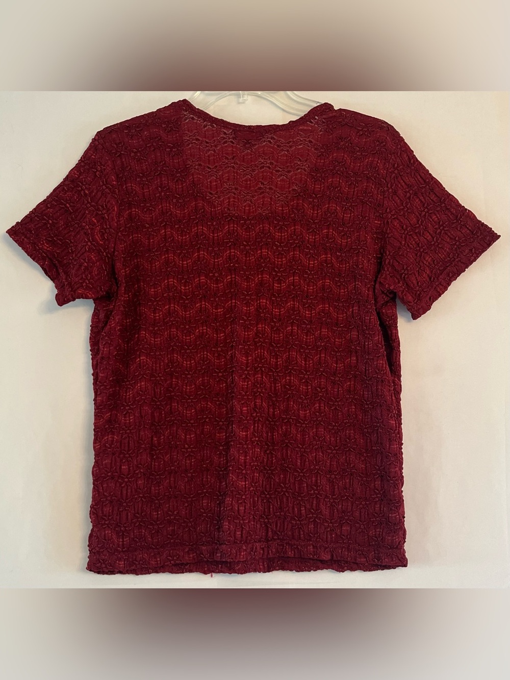 Burgundy Whimsigoth Lace Textured Short Sleeve Top L - Picture 4 of 9